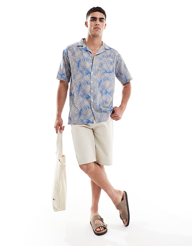 Asos Sol Beach Palm Print Linen Beach Shirt In Light Blue