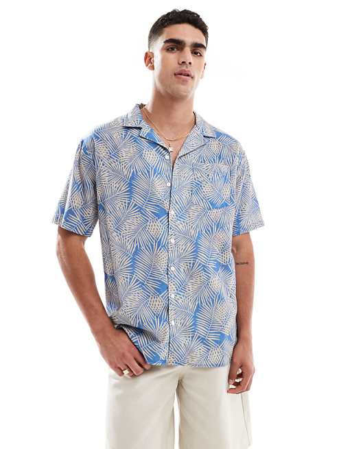 asos Sol Beach palm print linen beach shirt in light blue