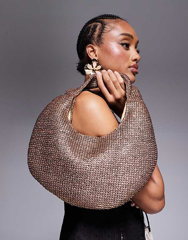 Asos South Beach Curved Woven Shoulder Bag In Bronze