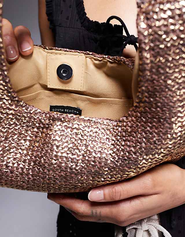 Asos South Beach Curved Woven Shoulder Bag In Bronze