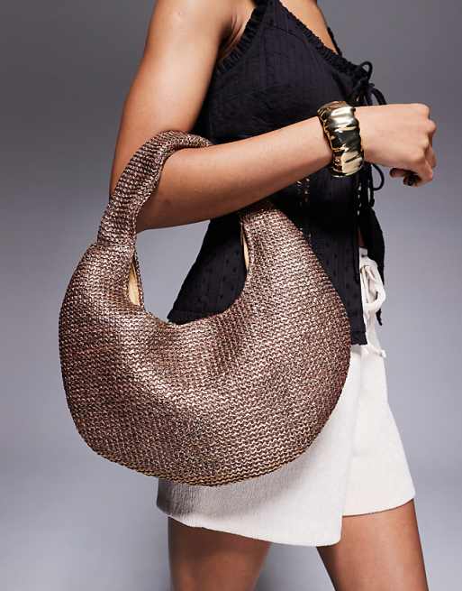 asos South Beach curved woven shoulder bag in bronze