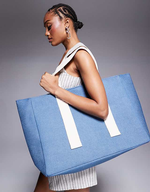 Asos South Beach Denim Look Large Canvas Tote Bag With Contrast Strap In Blue