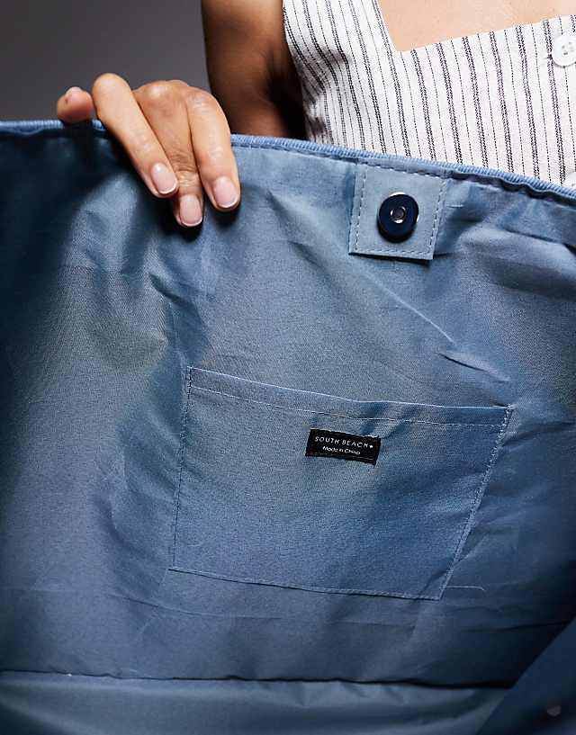 Asos South Beach Denim Look Large Canvas Tote Bag With Contrast Strap In Blue