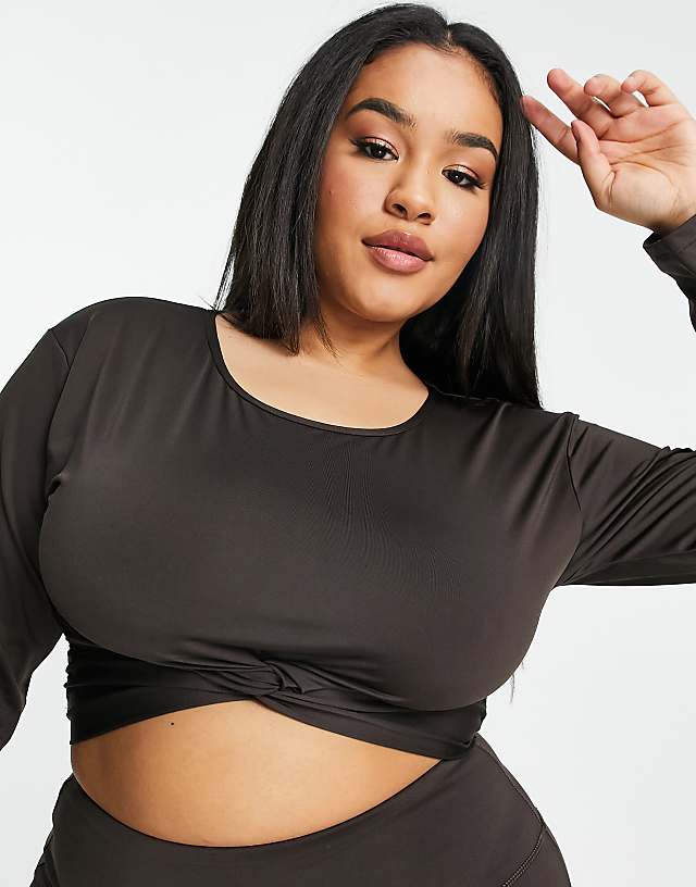 Asos South Beach Plus Yoga Long Sleeve Crop Top In Black