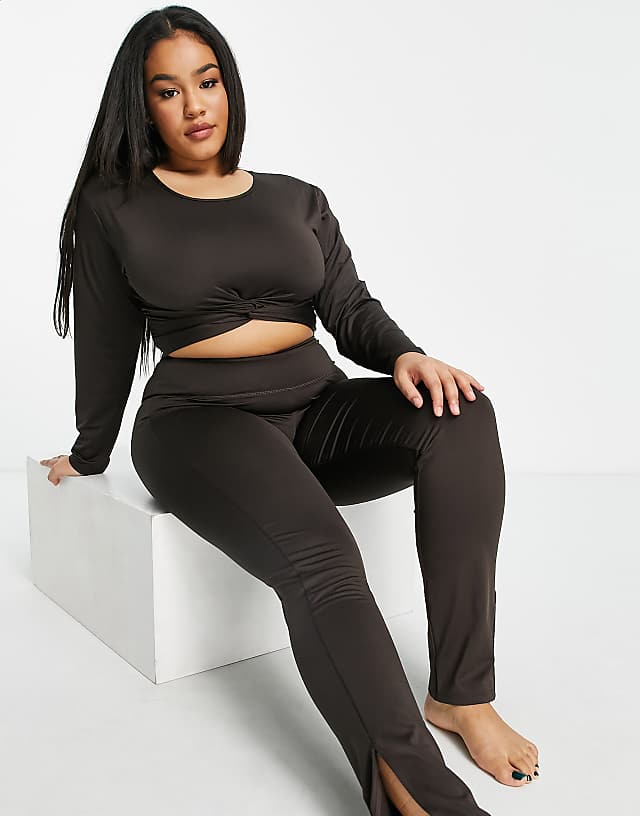 Asos South Beach Plus Yoga Long Sleeve Crop Top In Black