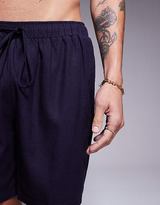 Asos Southbeach Beach Linen Look Short Co-ord In Navy