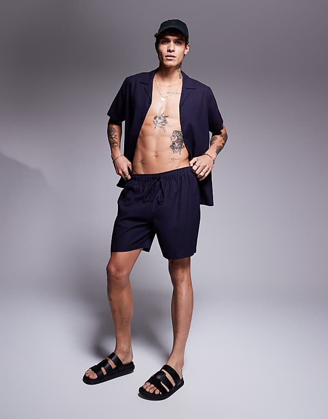 asos Southbeach beach linen look short co-ord in Navy