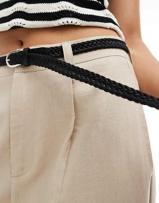 Asos Stradivarius Belted Linen Look Trouser In Natural