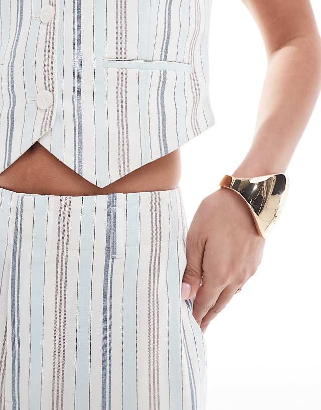 Asos Stradivarius Co-ord Cropped Linen Look Waist Coat With Open Back In Stripe