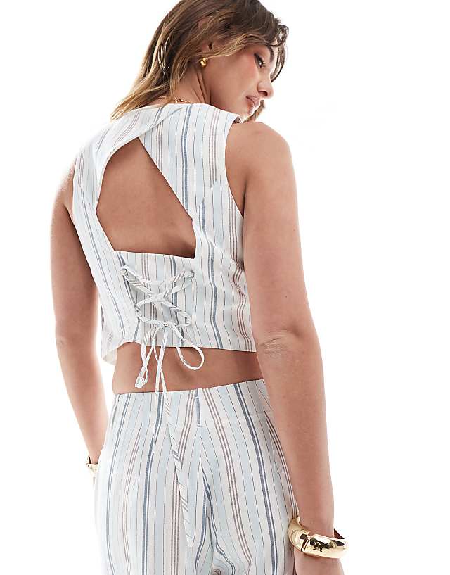 Asos Stradivarius Co-ord Cropped Linen Look Waist Coat With Open Back In Stripe