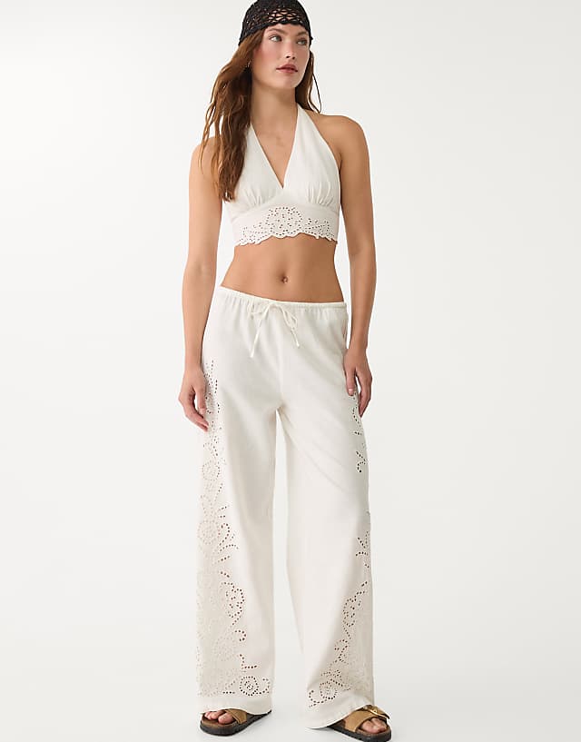 Asos Stradivarius Embroidered Linen Blend Halter Top In Ecru