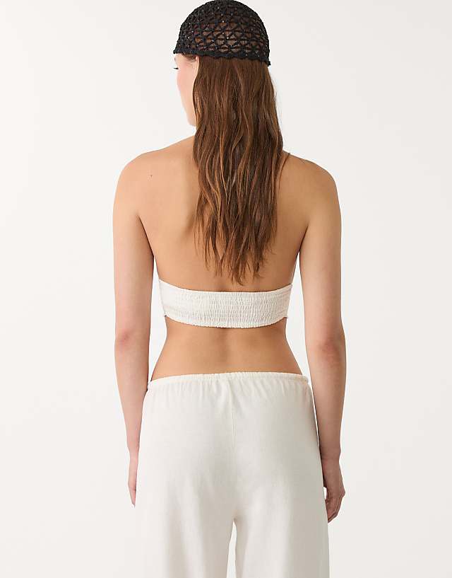 Asos Stradivarius Embroidered Linen Blend Halter Top In Ecru
