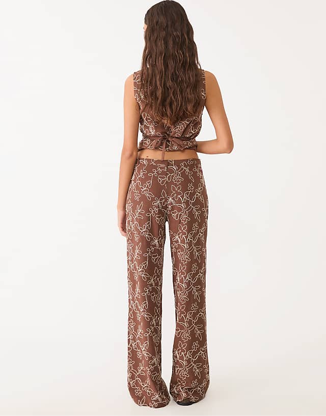 Asos Stradivarius Linen Blend Embroidered Straight Leg Trousers In Brown