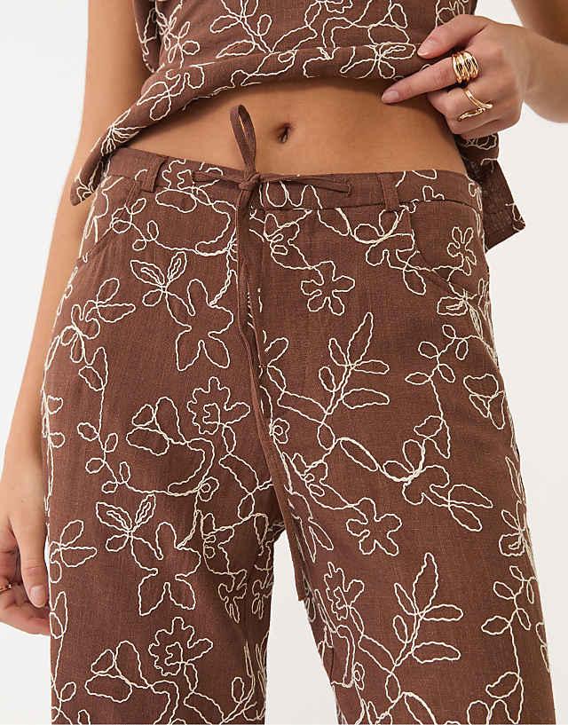 Asos Stradivarius Linen Blend Embroidered Straight Leg Trousers In Brown