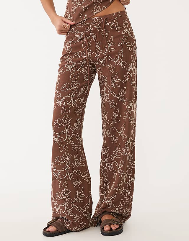 Asos Stradivarius Linen Blend Embroidered Straight Leg Trousers In Brown