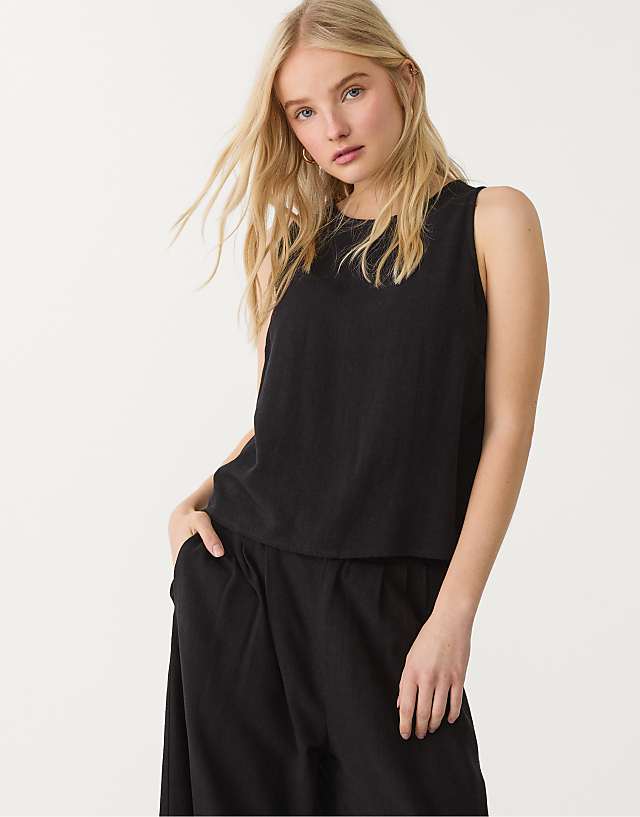 asos Stradivarius linen blend racerback top in black