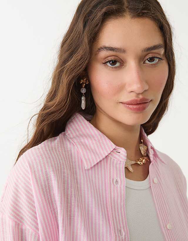 Asos Stradivarius Linen Blend Shirt In Bubblegum Pink