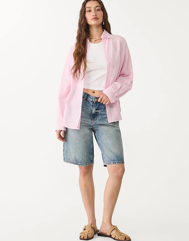 Asos Stradivarius Linen Blend Shirt In Bubblegum Pink
