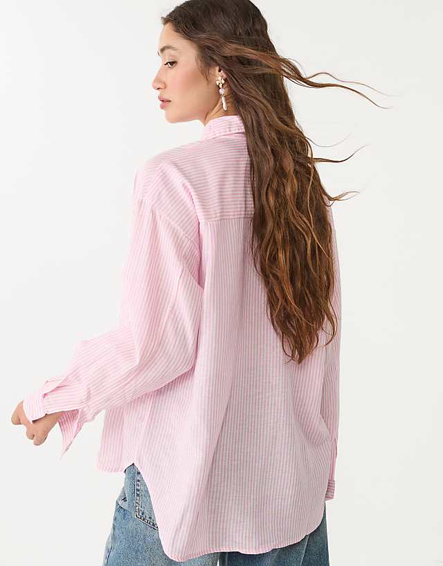 Asos Stradivarius Linen Blend Shirt In Bubblegum Pink