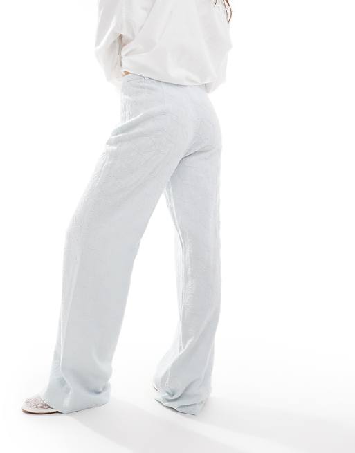 Asos Stradivarius Linen Look Embroidery Detail Trouser In Blue
