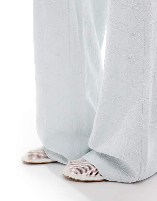Asos Stradivarius Linen Look Embroidery Detail Trouser In Blue