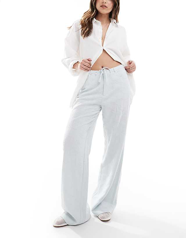 asos Stradivarius linen look embroidery detail trouser in blue