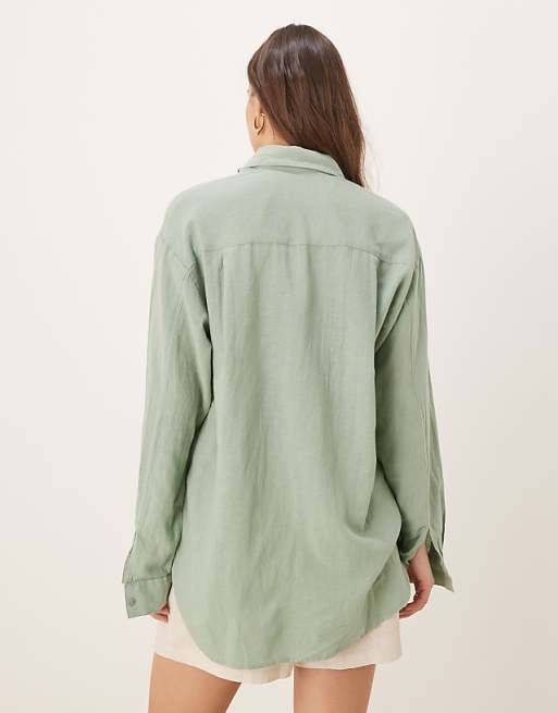 Asos Stradivarius Linen Look Long Sleeve Shirt In Khaki