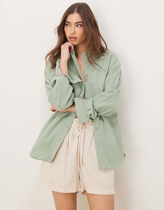 Asos Stradivarius Linen Look Long Sleeve Shirt In Khaki