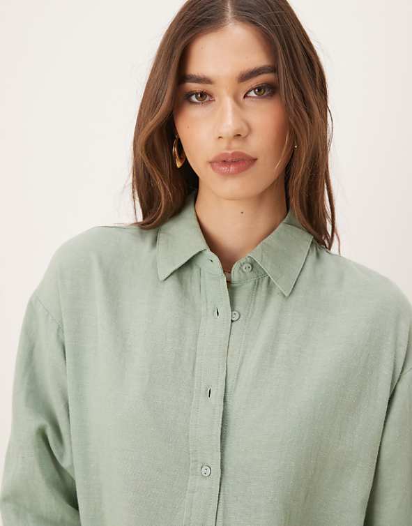 Asos Stradivarius Linen Look Long Sleeve Shirt In Khaki