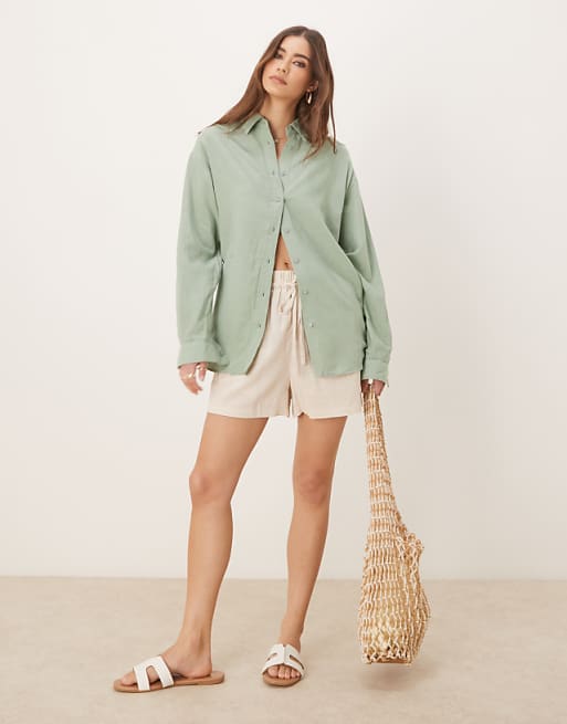 asos Stradivarius linen look long sleeve shirt in khaki