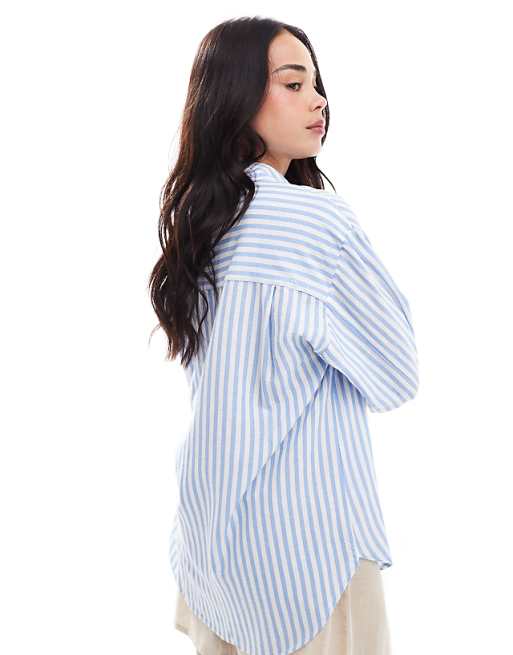 Asos Stradivarius Linen Look Long Sleeve Shirt In Light Blue Stripe