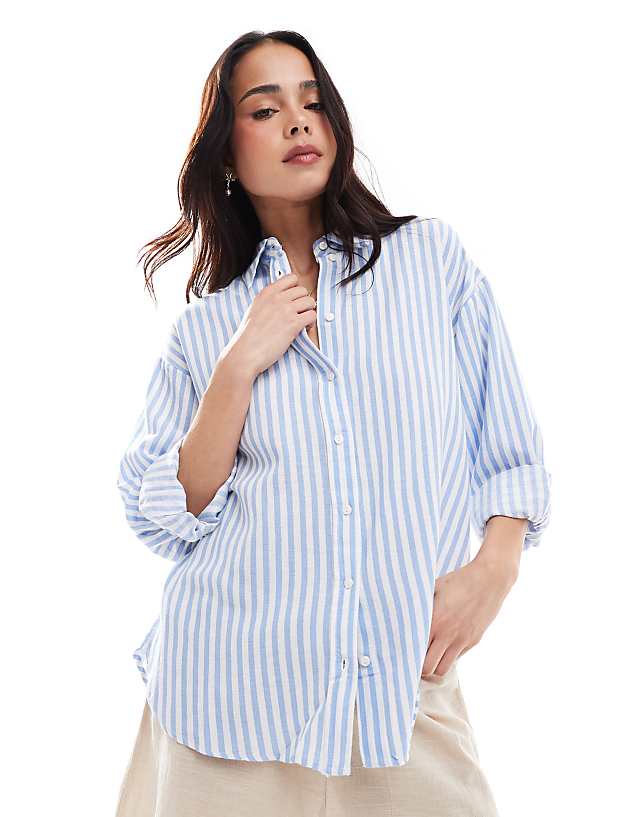 asos Stradivarius linen look long sleeve shirt in light blue stripe