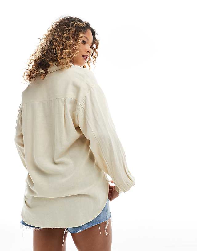 Asos Stradivarius Linen Look Long Sleeve Shirt In Oatmeal