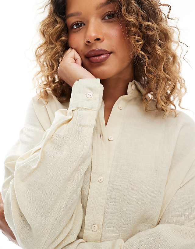 Asos Stradivarius Linen Look Long Sleeve Shirt In Oatmeal