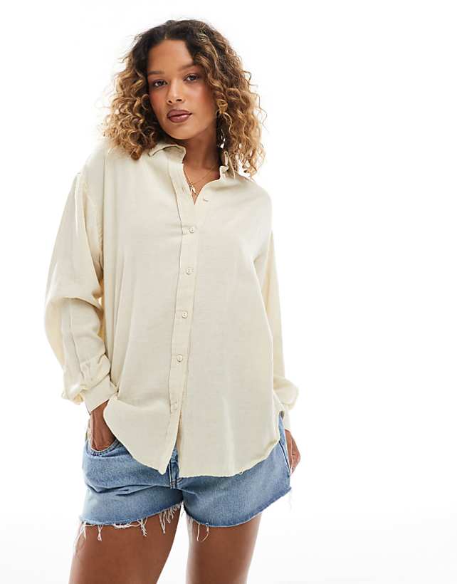 asos Stradivarius linen look long sleeve shirt in oatmeal