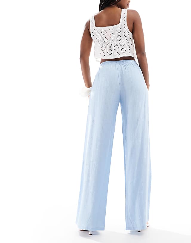 Asos Stradivarius Linen Look Pull On Crinkle Trouser In Blue