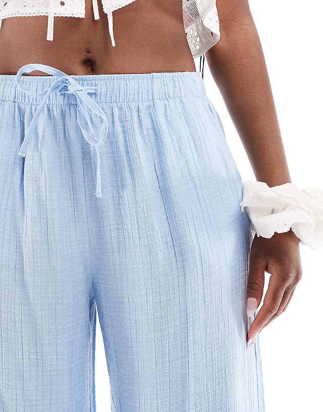 Asos Stradivarius Linen Look Pull On Crinkle Trouser In Blue