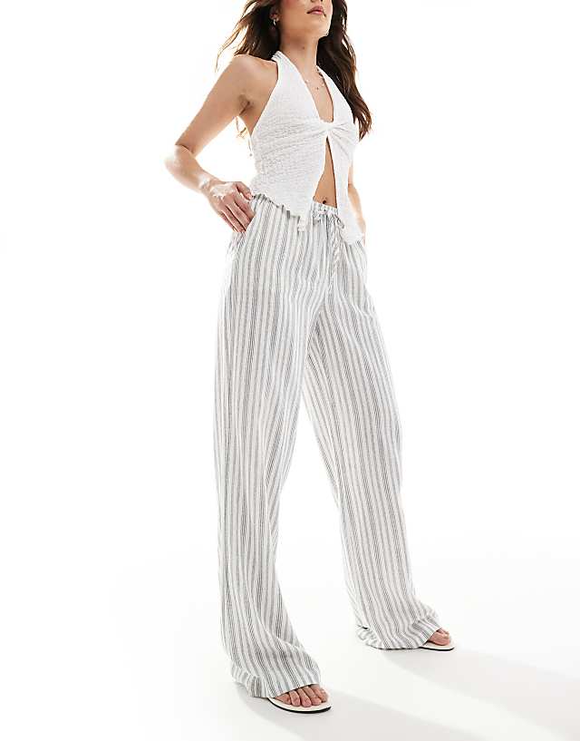 asos Stradivarius linen look pull on crinkle trouser in stripe