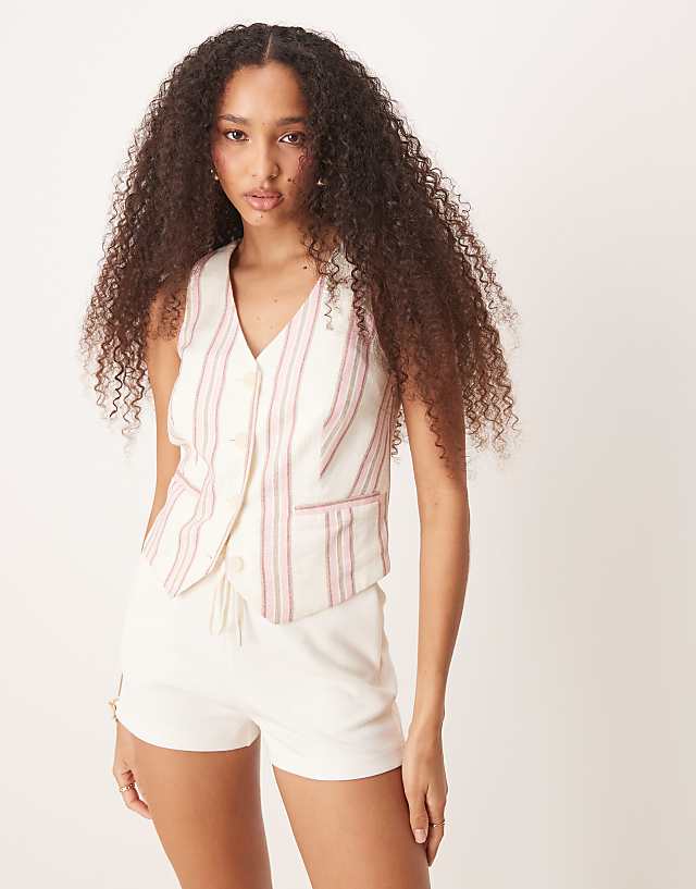 Asos Stradivarius Linen Look Waistcoat In Pink Stripe