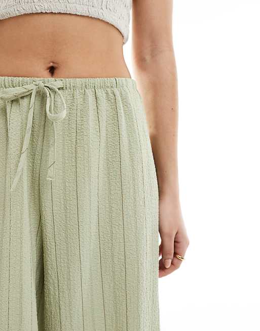 Asos Stradivarius Linen Look Wide Leg Trouser In Khaki Stripe