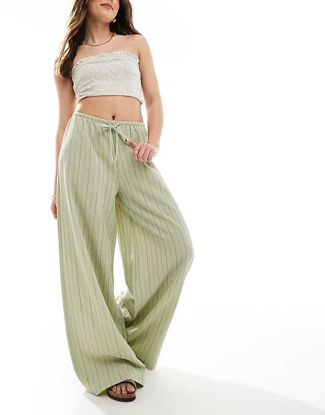 asos Stradivarius linen look wide leg trouser in khaki stripe