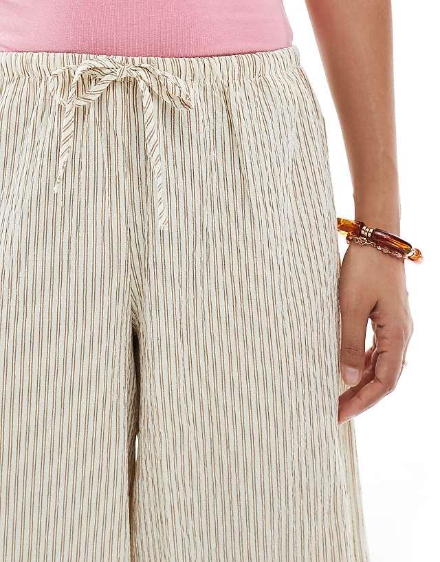 Asos Stradivarius Petite Linen Look Wide Leg Trouser In Ecru Stripe