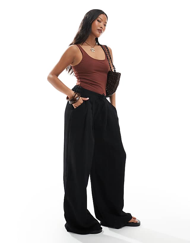 Asos Stradivarius Petite Wide Leg Crinkle Tie Waist Trouser In Black