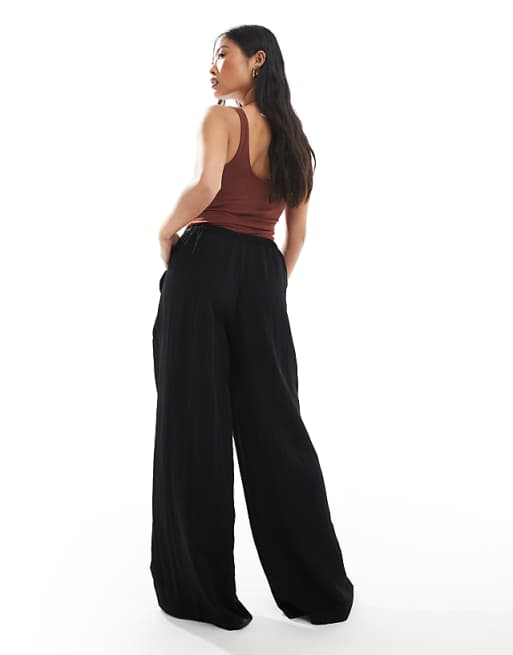 Asos Stradivarius Petite Wide Leg Crinkle Tie Waist Trouser In Black