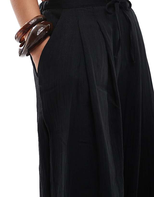 Asos Stradivarius Petite Wide Leg Crinkle Tie Waist Trouser In Black
