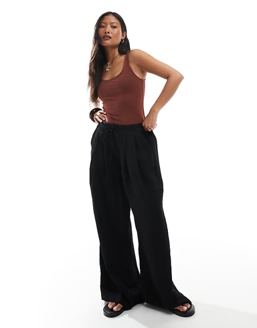 asos Stradivarius Petite wide leg crinkle tie waist trouser in black
