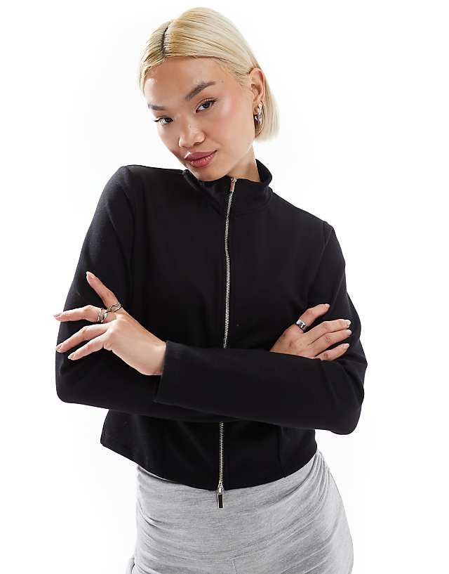 asos Stradivarius soft touch zip through track jacket in black
