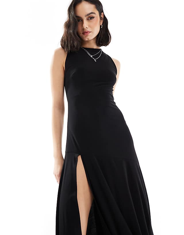 Asos Stradivarius Split Hem Midi Maxi Dress In Black