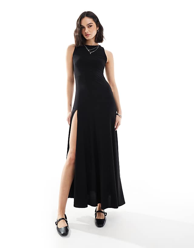 asos Stradivarius split hem midi maxi dress in black