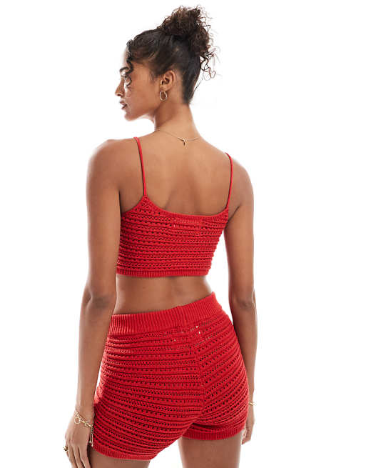 Asos Stradivarius STR Co Ord Crochet Crop Top In Red